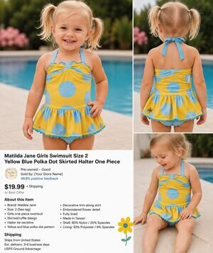 Matilda Jane Girls Size 2 Swimsuit Yellow Blue Polka Dot Skirted Halter One Piec